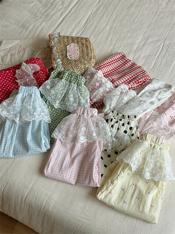 MQTIME  -   Girls Dot Printed Pants Summer Kids Lace Decoration Wide-leg Trousers Flower Waist Pants Spring Children Clothes 2-10 Years